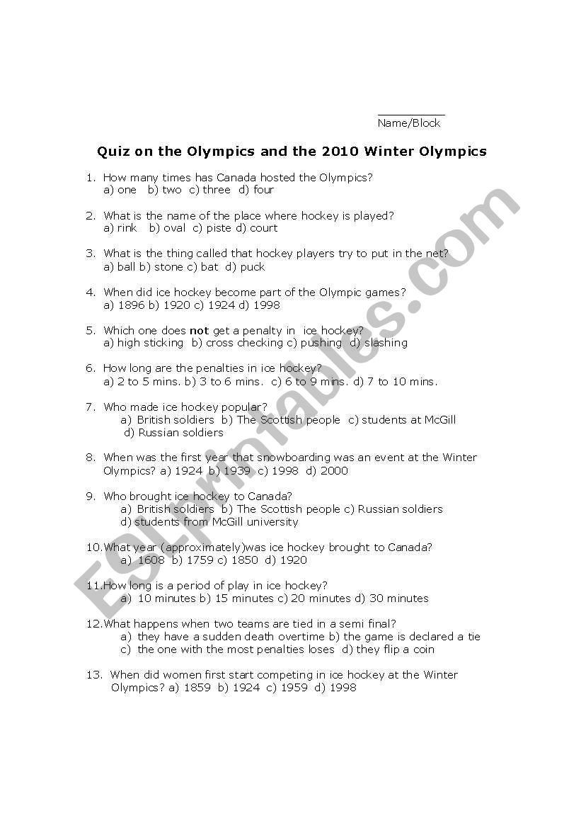 Quiz on the Olympics and the 2010 Winter Olympics