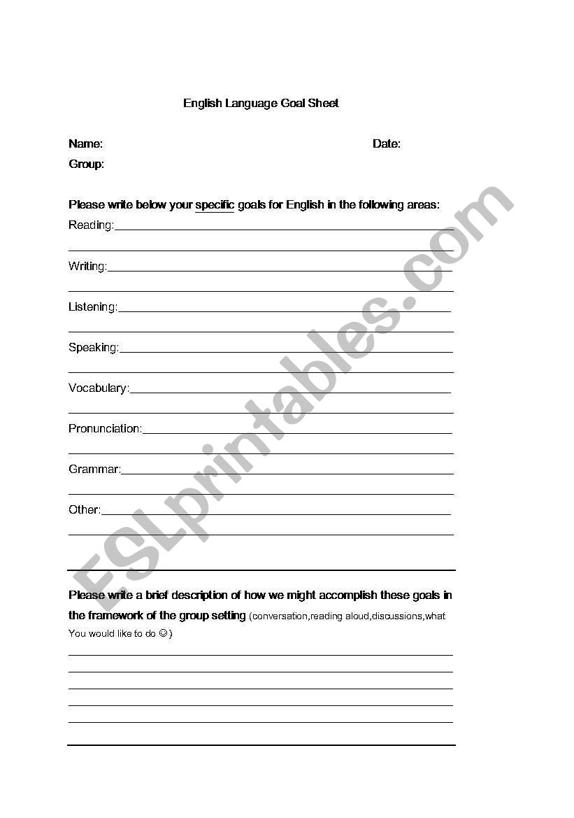 English Language Goalsheet worksheet