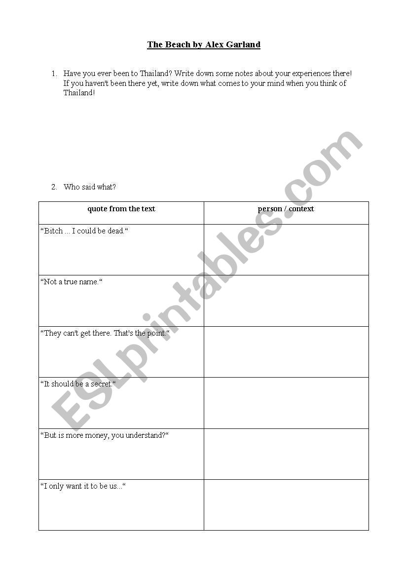 The Beach, Chapter 1 and 2 worksheet