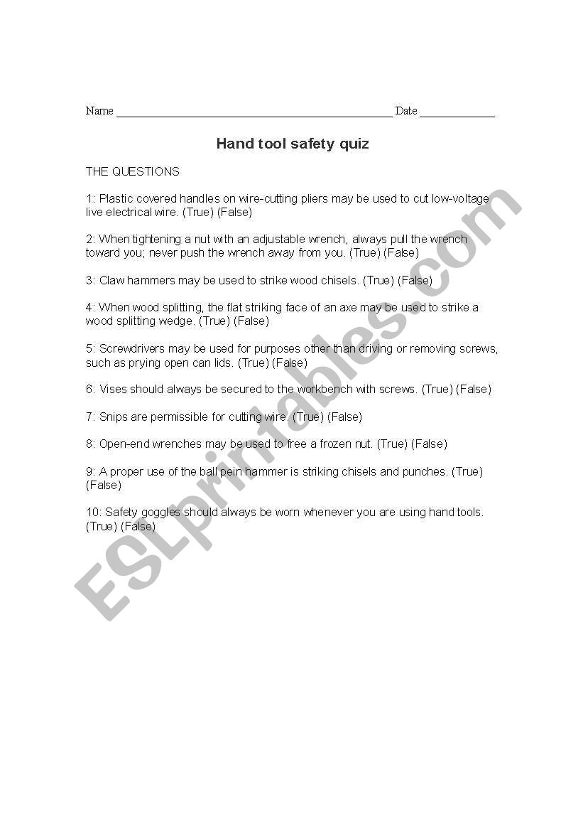 Hand Held Tools worksheet