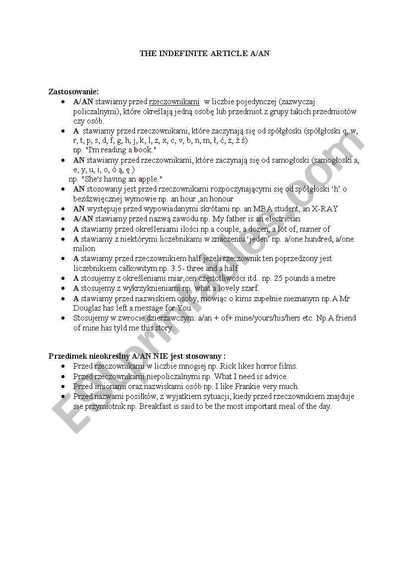 articles worksheet