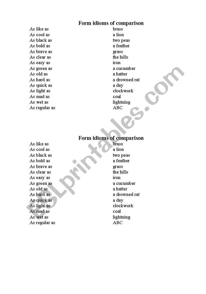 Idioms of comparison worksheet