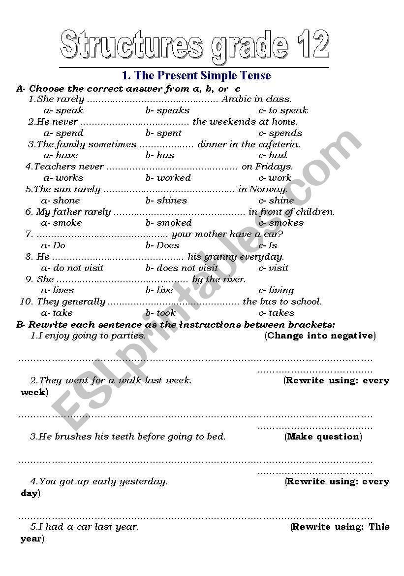 grammar - ESL worksheet by azzeemah777