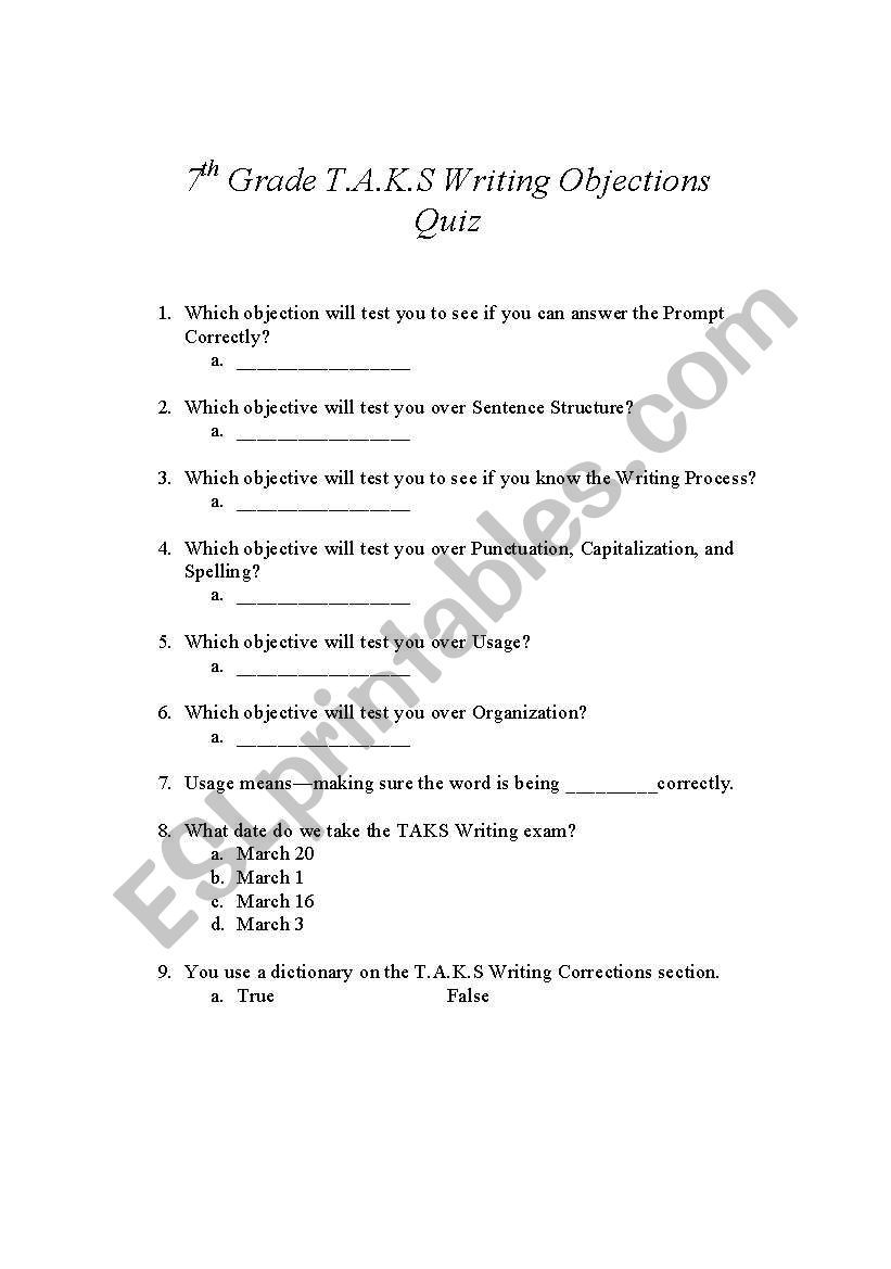 T.A.K.S 7th Grade Writing Objective Quiz