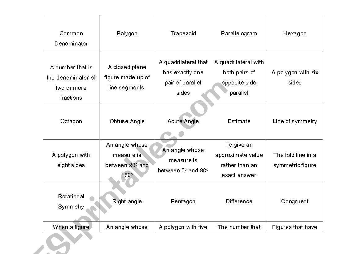 English Worksheets 5th Grade Math EOG Concentration