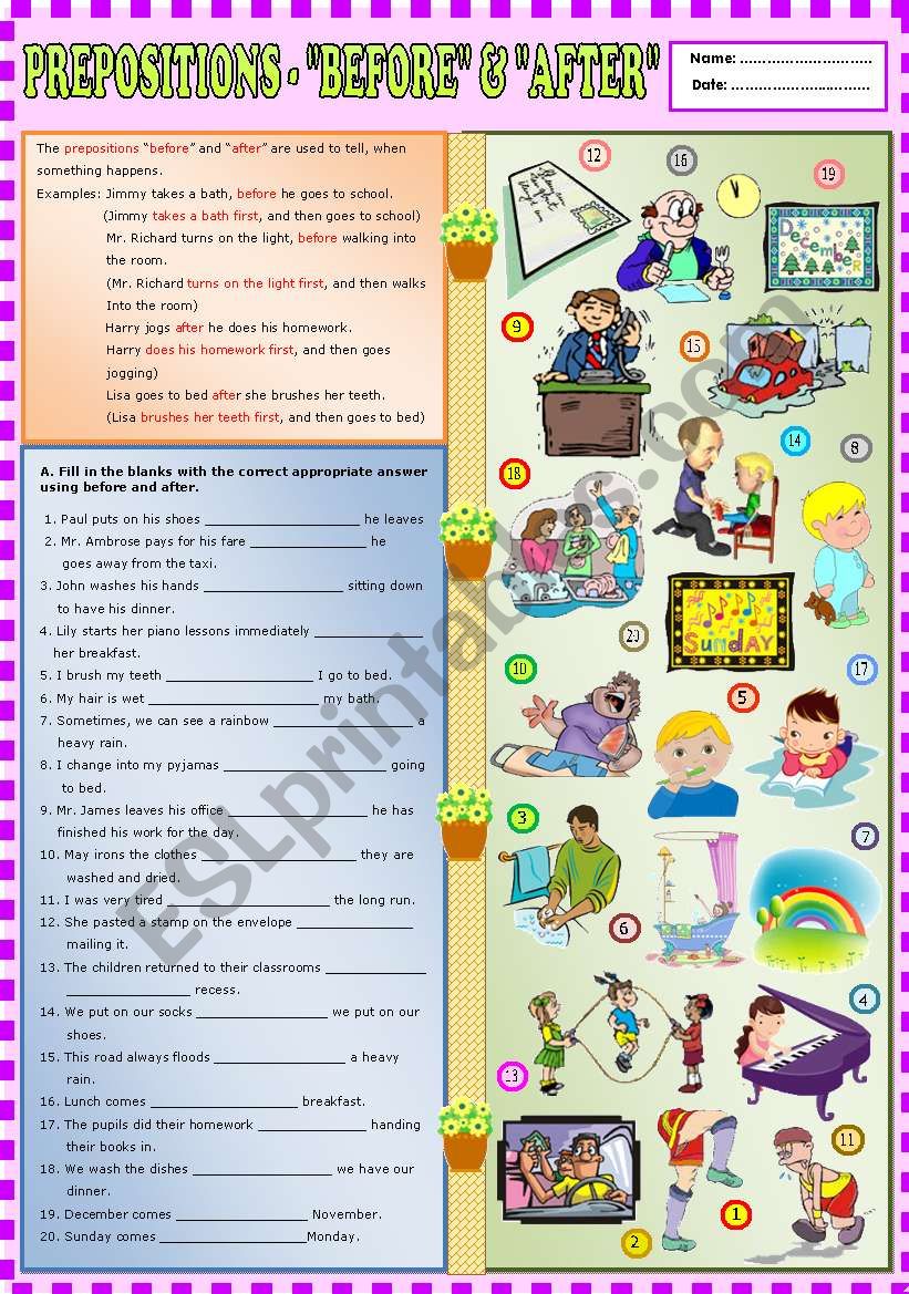 Prepositions Before And after KEY ESL Worksheet By Ayrin