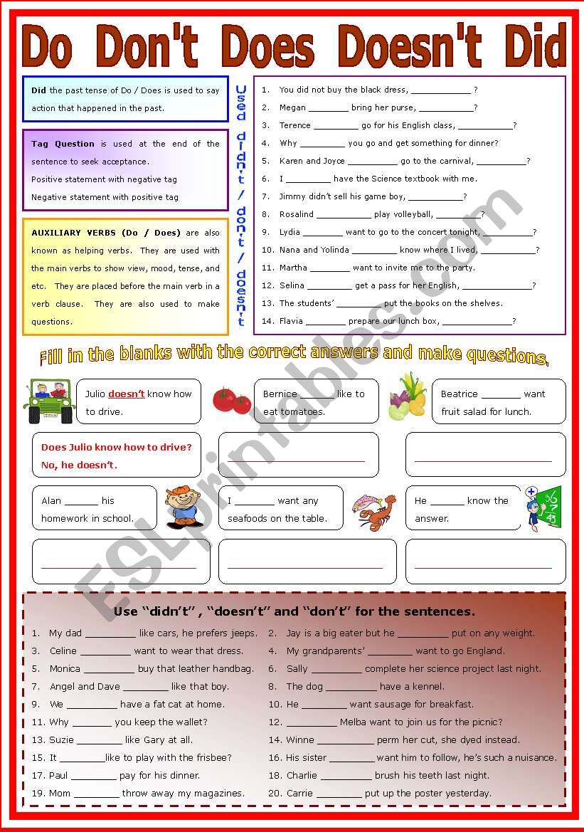 Auxiliary Verb Do / don´t / Does / Doesn´t / Didn´t (B/W - Keys ...