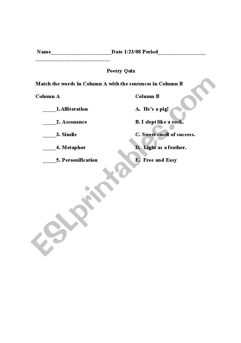 Poetry Terms Quiz worksheet