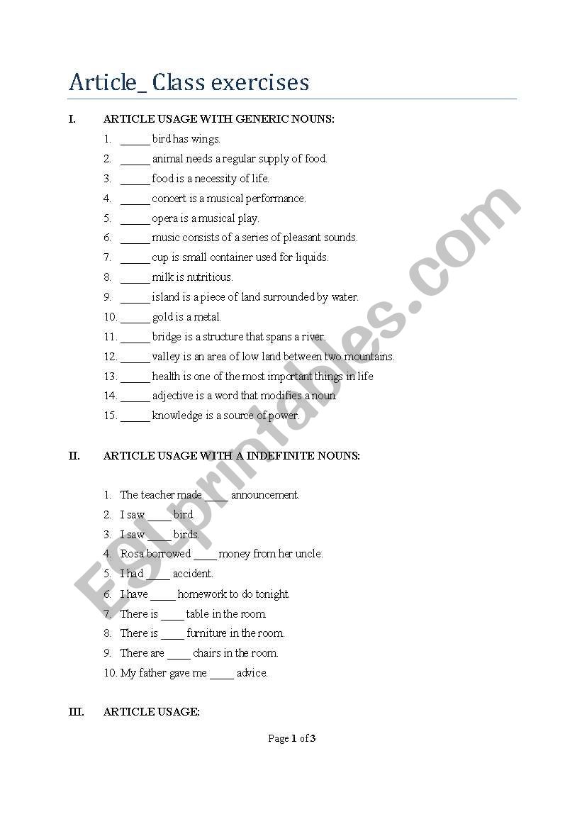 article exercise worksheet