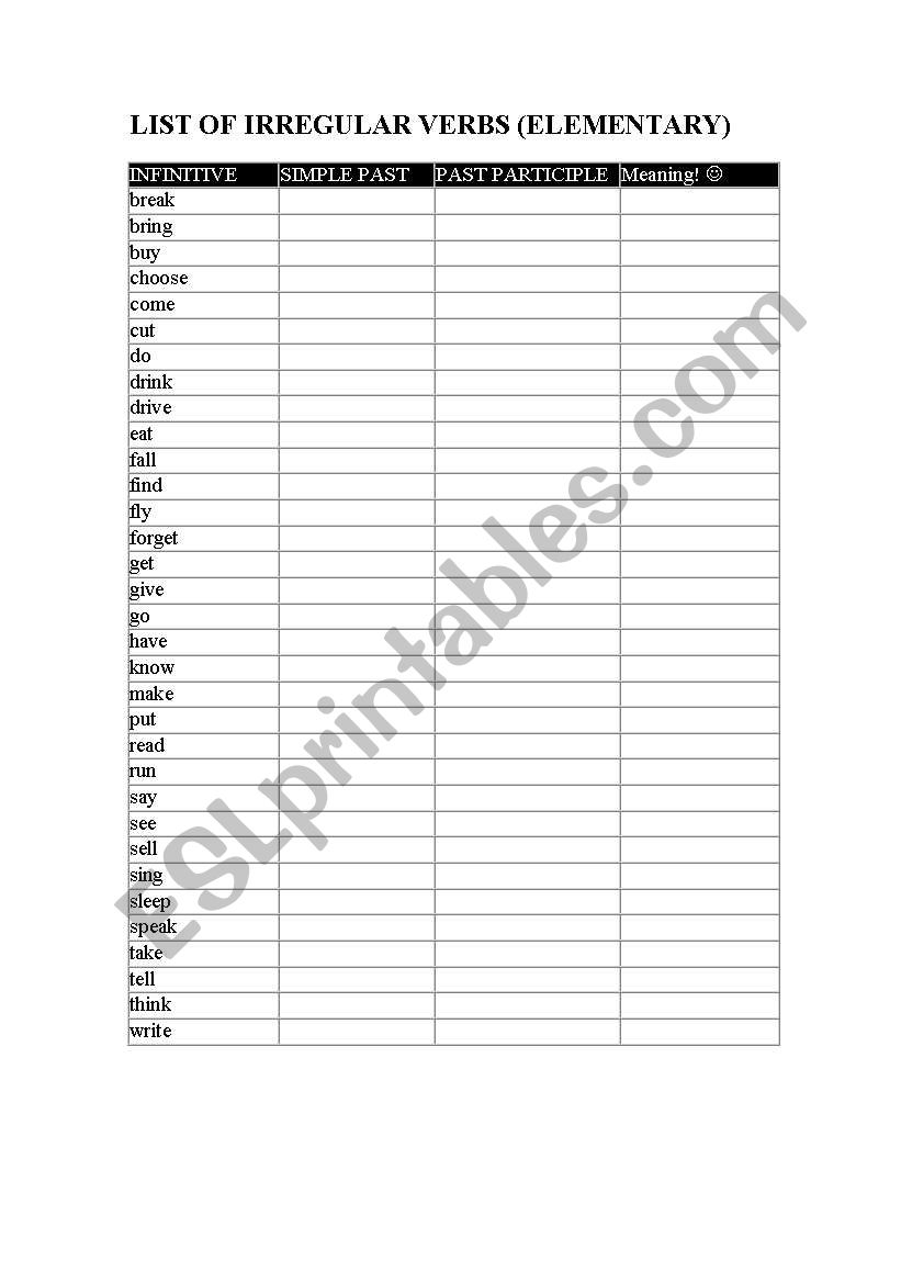 Elementary Irregular verbs practice sheet