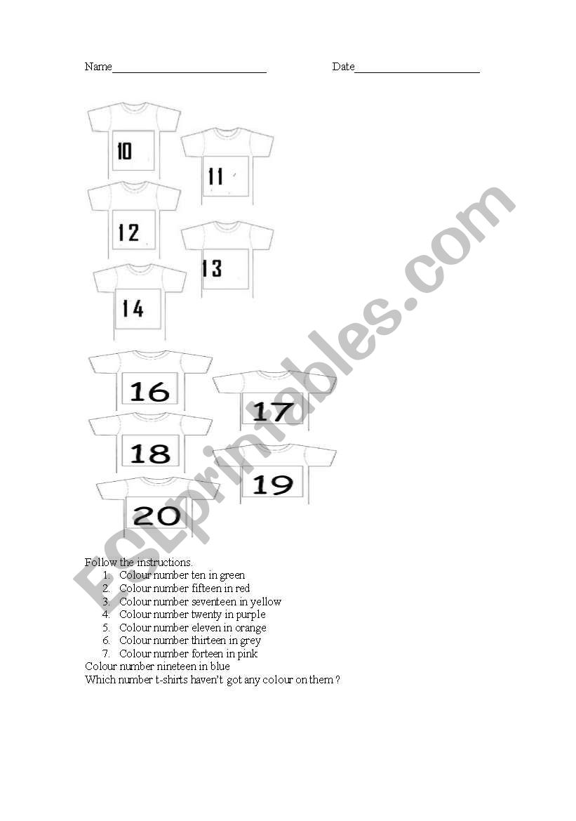 English worksheets: follow the instractions to colour the number