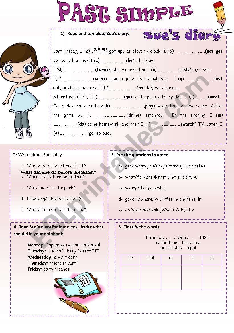 PAST SIMPLE SUE´S DIARY (+ a short writing) - ESL worksheet by BRISANATY