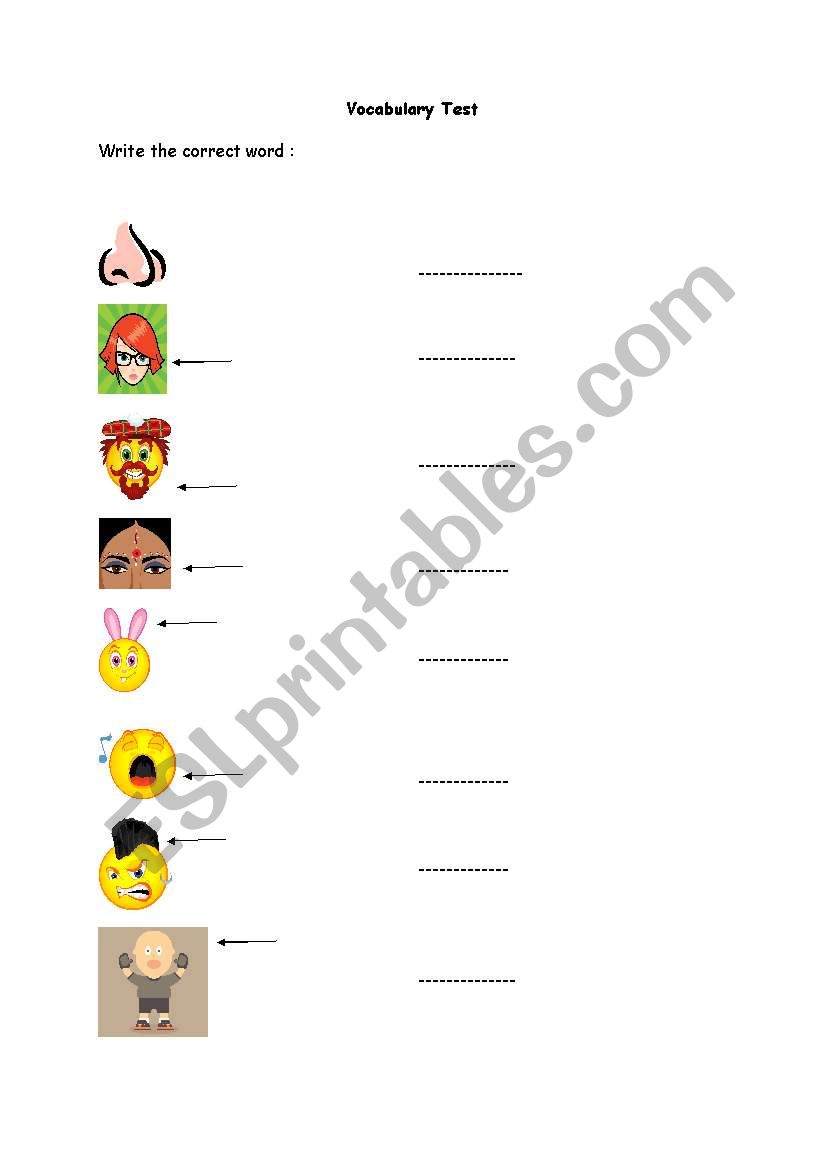 Vocabulary Test Face Parts worksheet