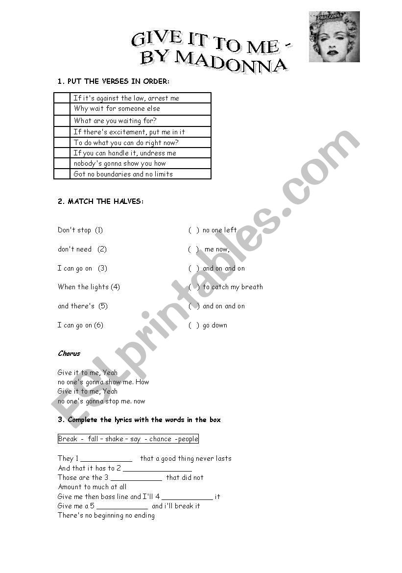 Song: Give it to me worksheet
