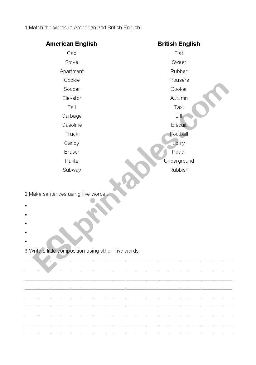 American X British worksheet