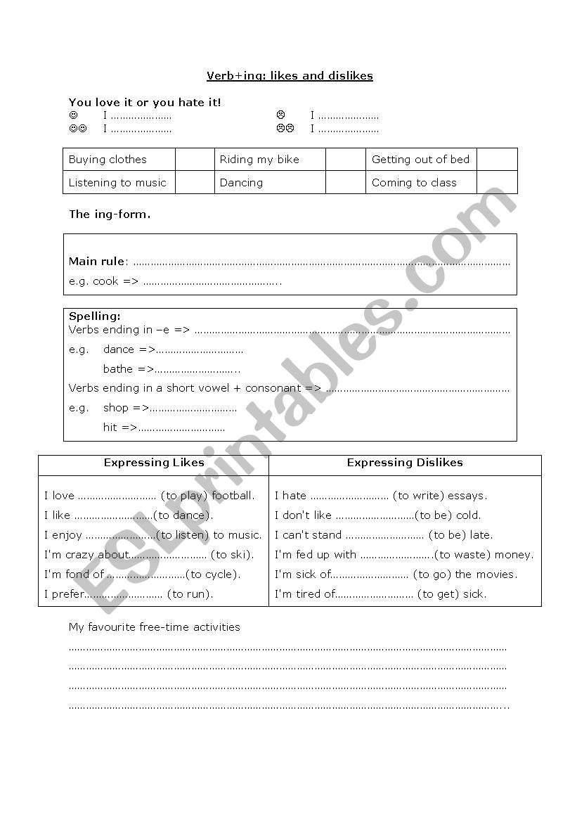 Likes and dislikes worksheet