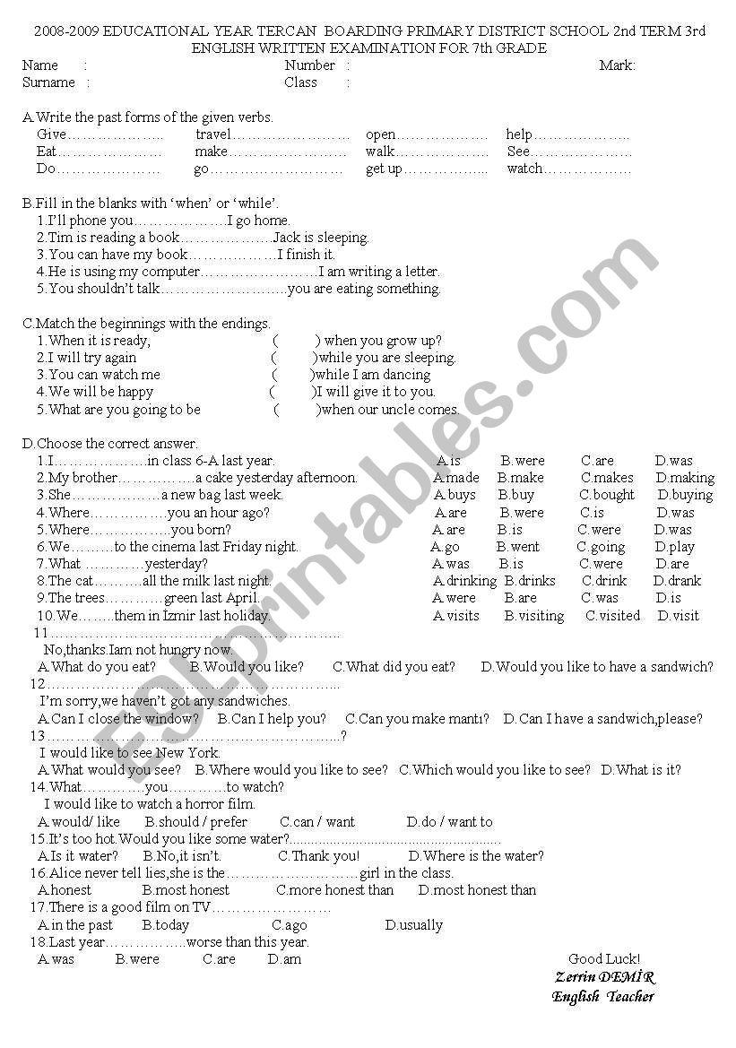 7th grade worksheet