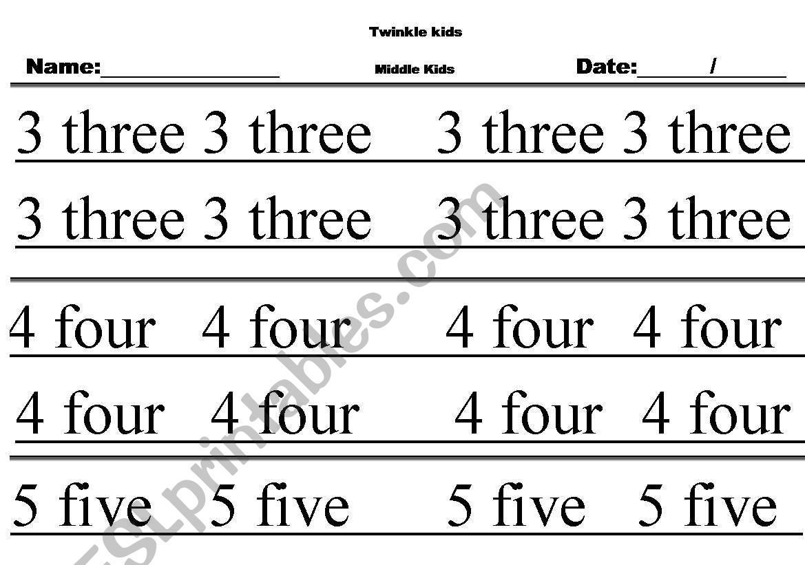 Numbers 3, 4 and 5 worksheet