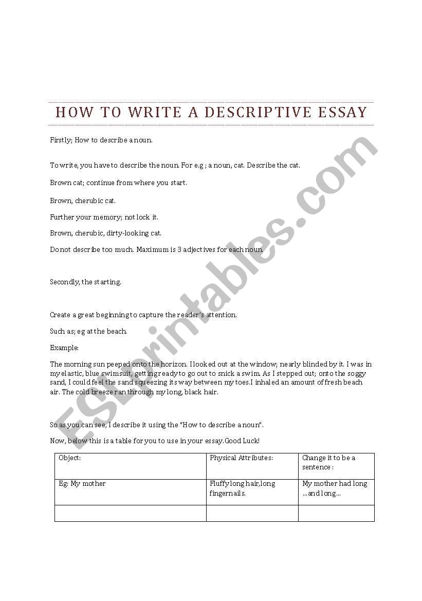 English worksheets: Descriptive Essay:How to Write It