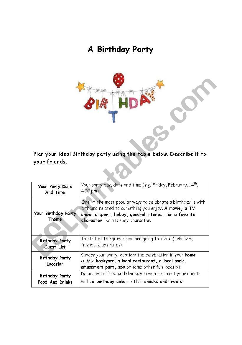 A Birthday Party worksheet