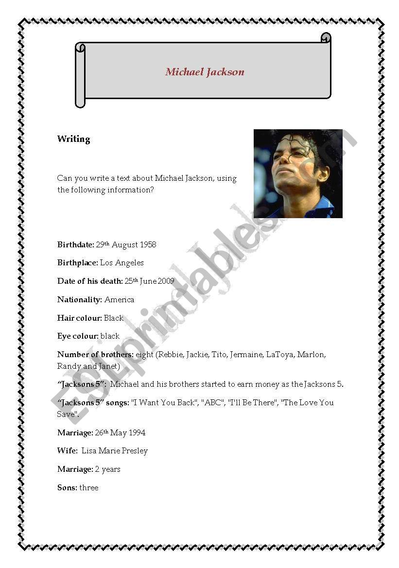 Michael Jackson worksheet