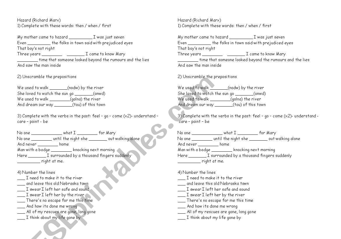 hazard by Richard Marx worksheet