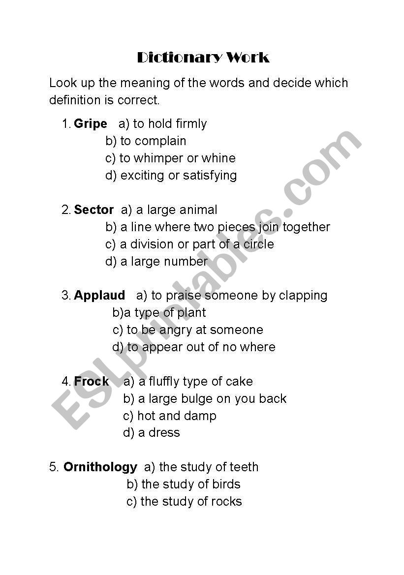 English Worksheets Dictionary Work