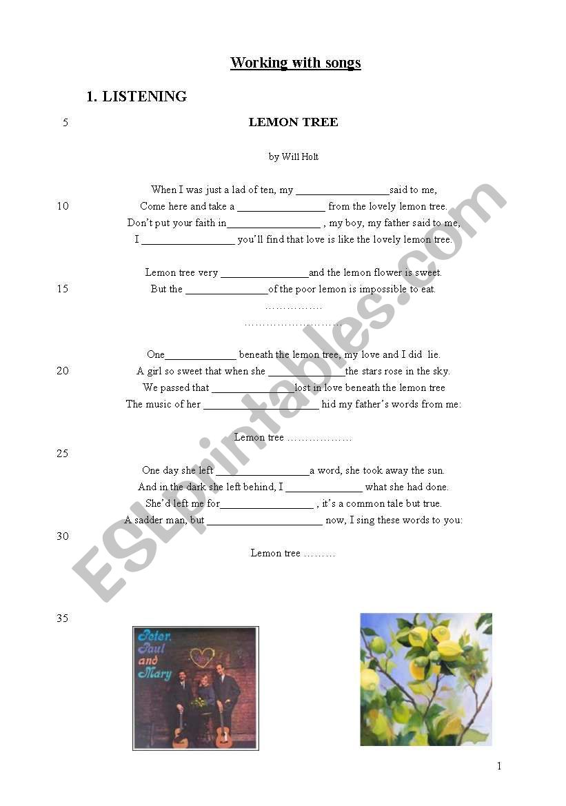 Lemon Tree by Will Holt worksheet