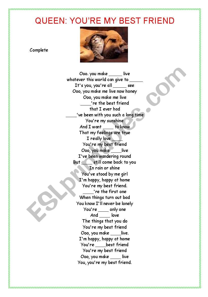 You´re My Best Friend (Queen) - Song - ESL worksheet by JesicaR