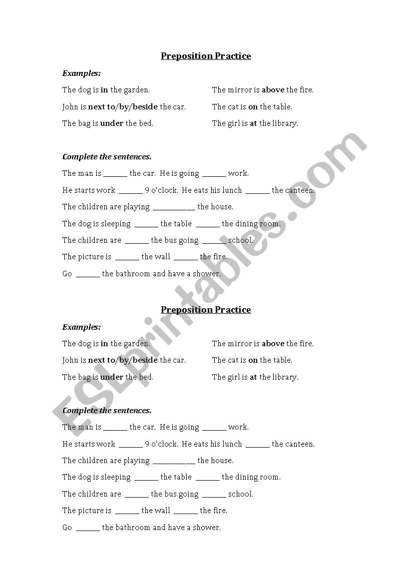 Preposition Practice worksheet