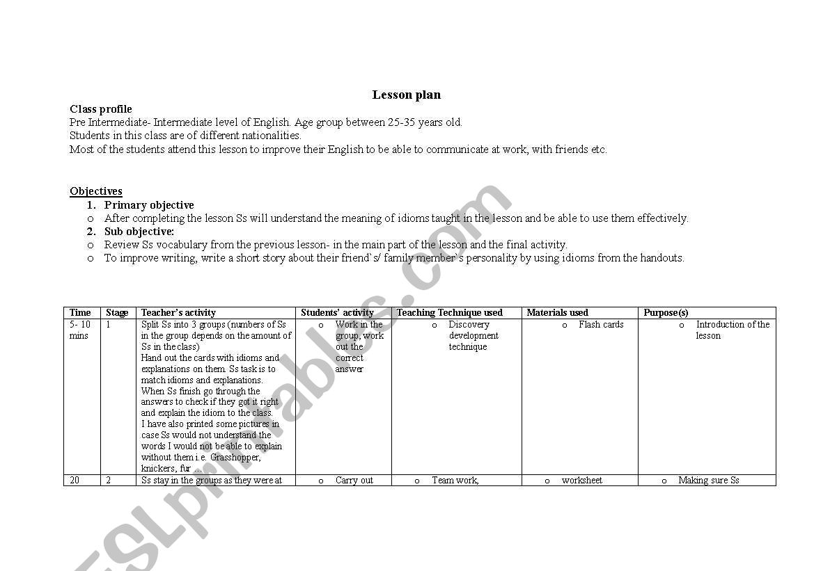 Lesson plan idioms worksheet