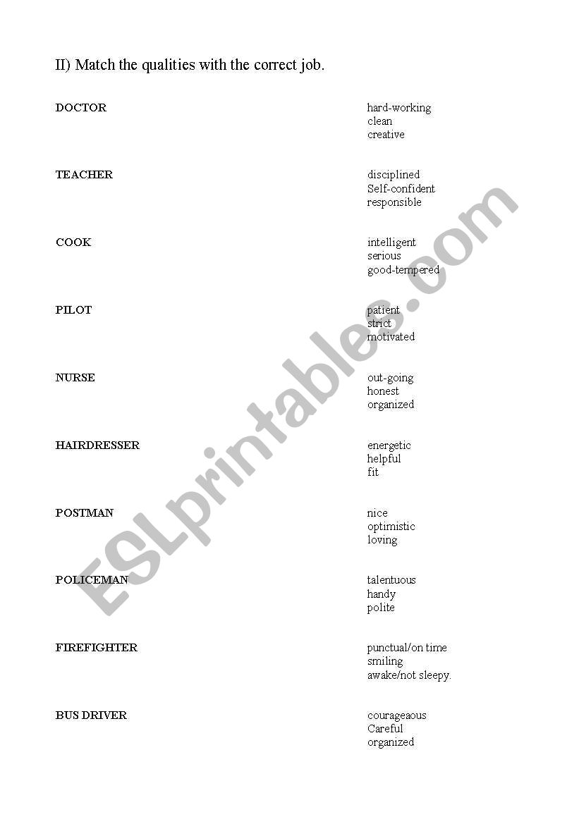 jobs and qualities worksheet