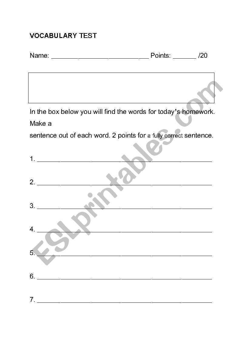 Vocabulary test worksheet