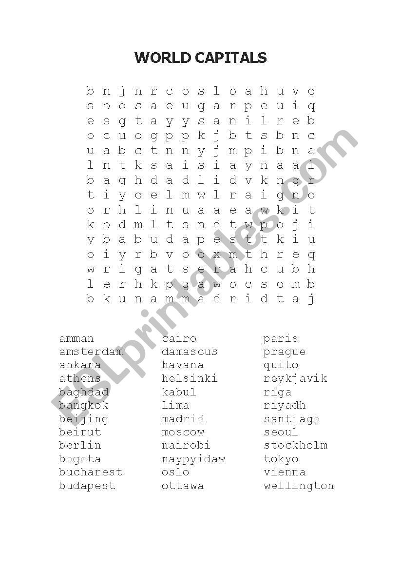 English Worksheets WORLD CAPITALS WORD SEARCH PUZZLE