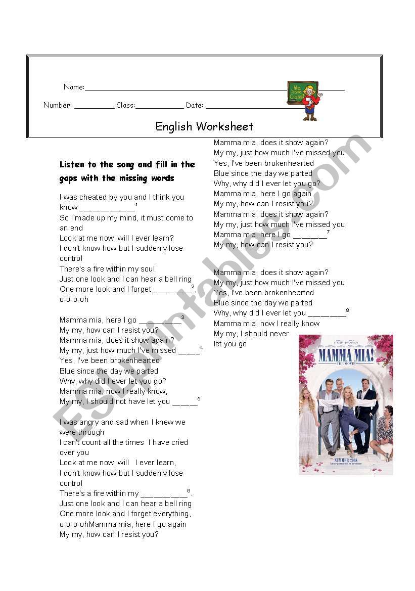 Listening: Mamma Mia song worksheet