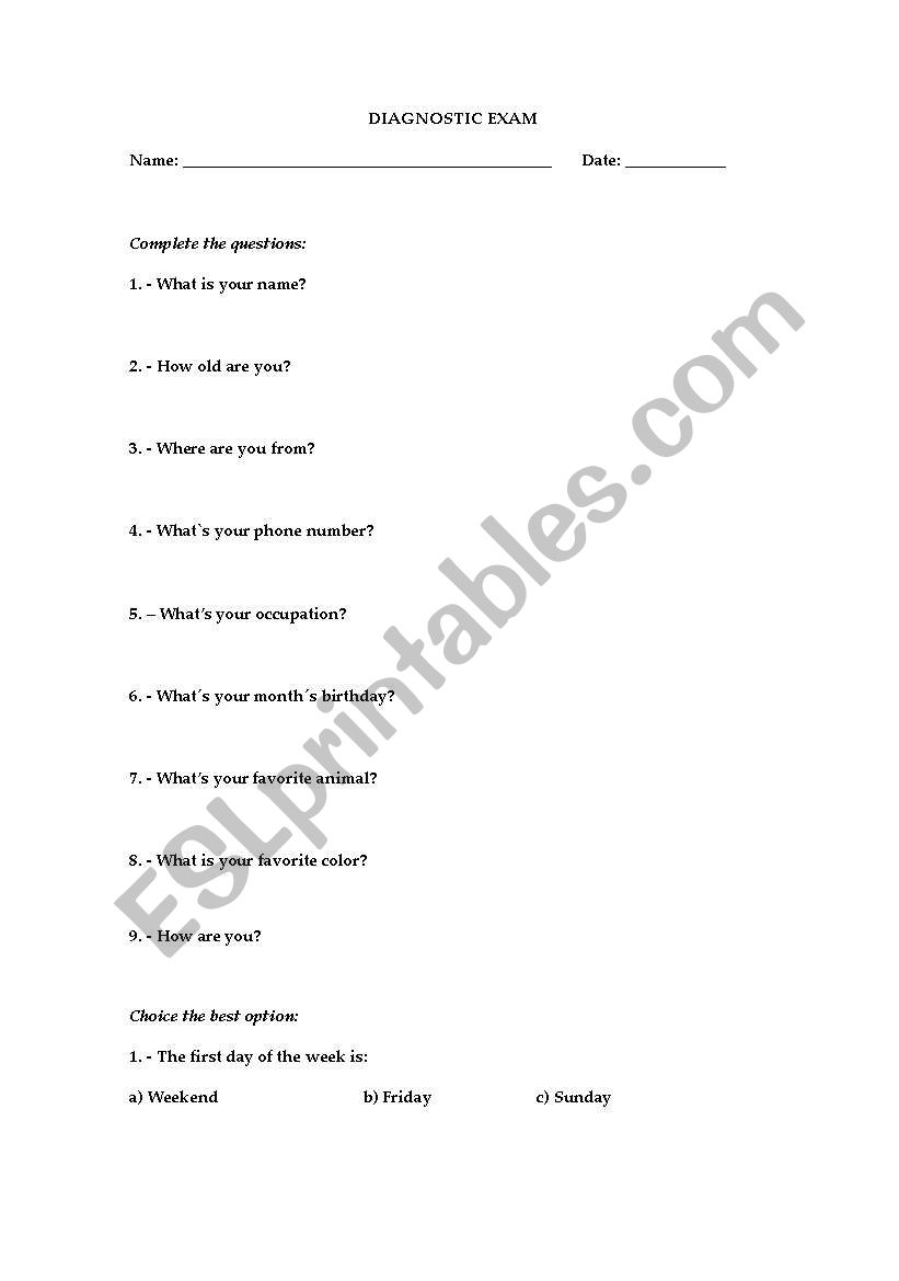 Diagnostic exam worksheet