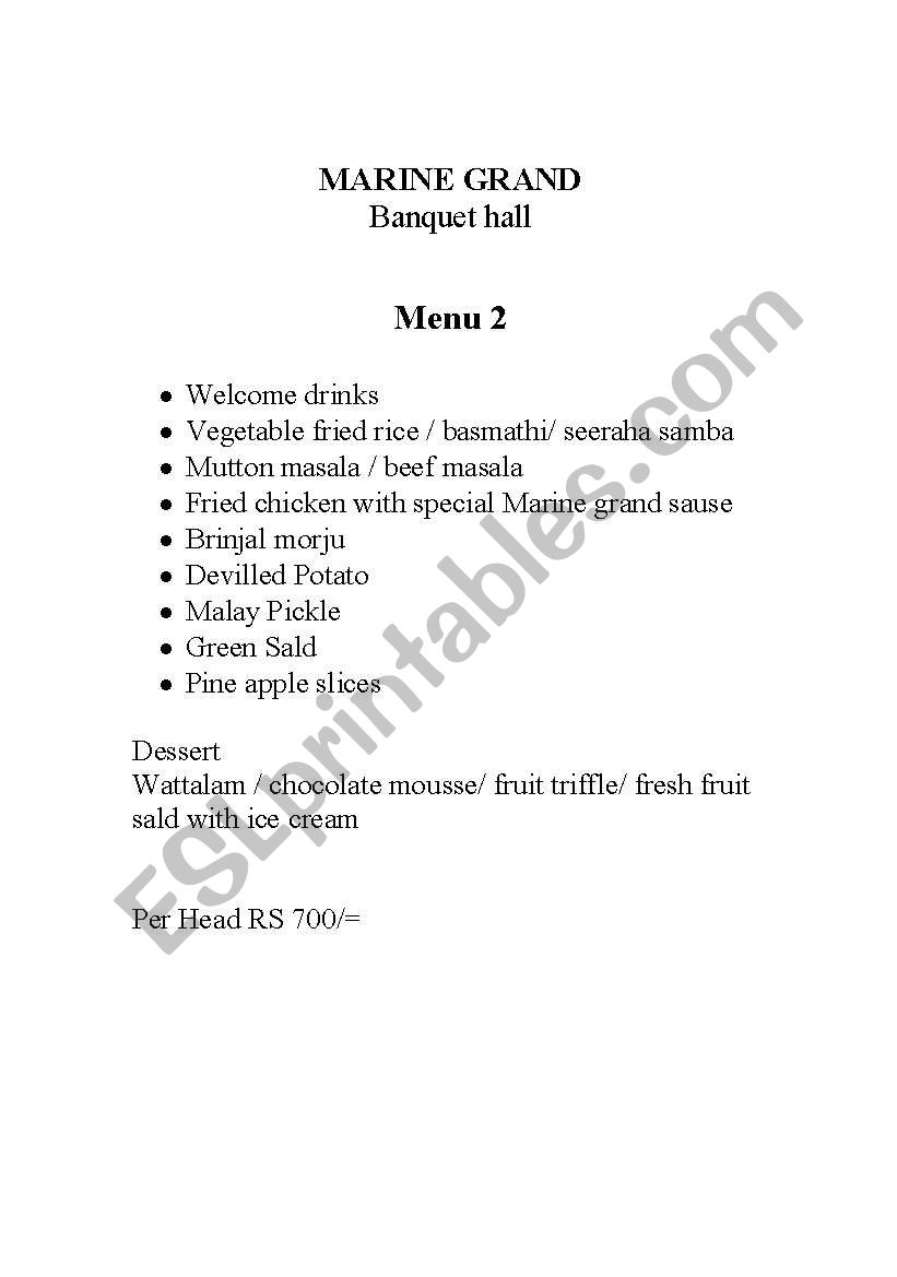 Menu worksheet