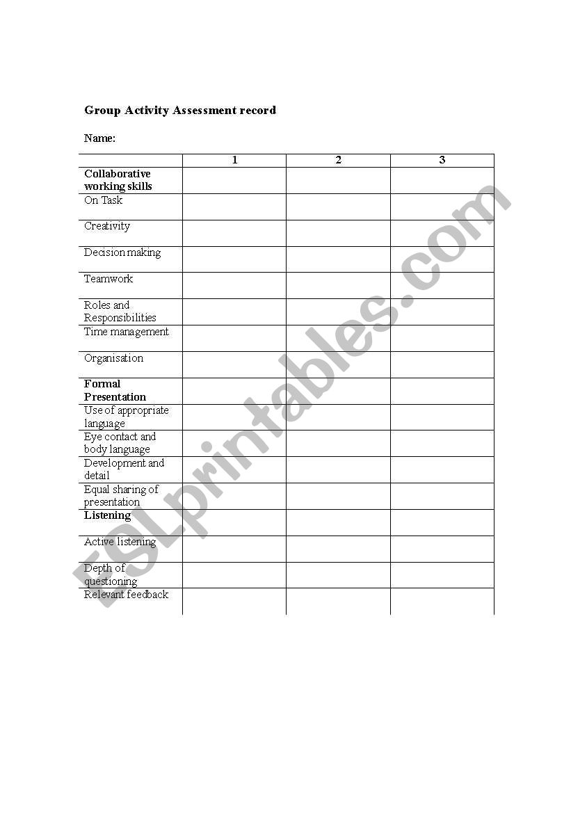 group assessment sheet worksheet