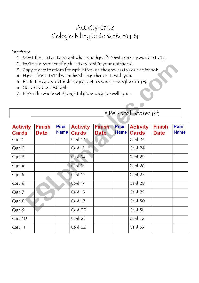 Activity Card worksheet