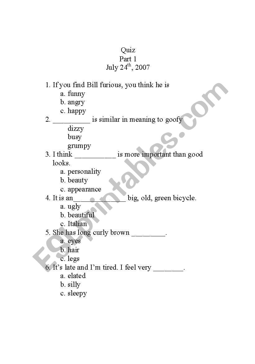 Adjective quiz worksheet