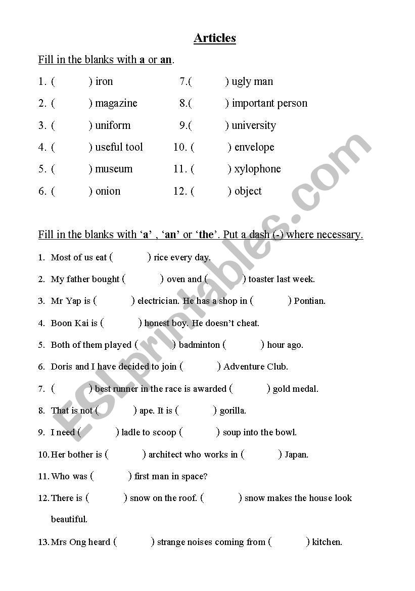 Articles worksheet