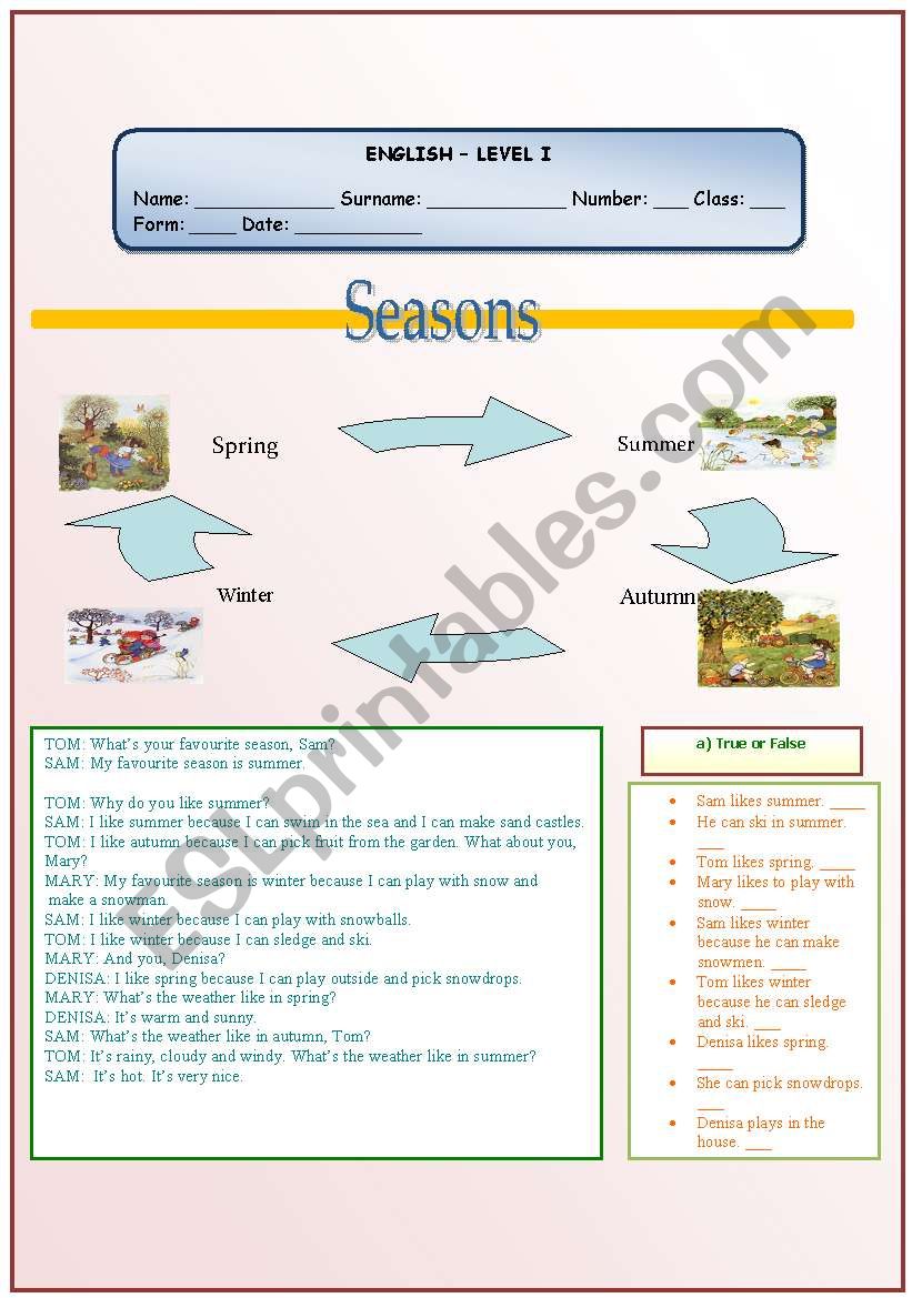 Seasons worksheet