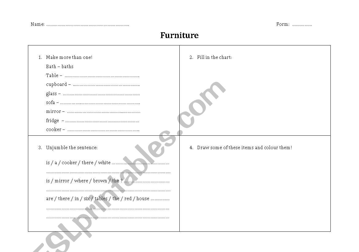 Furniture items worksheet