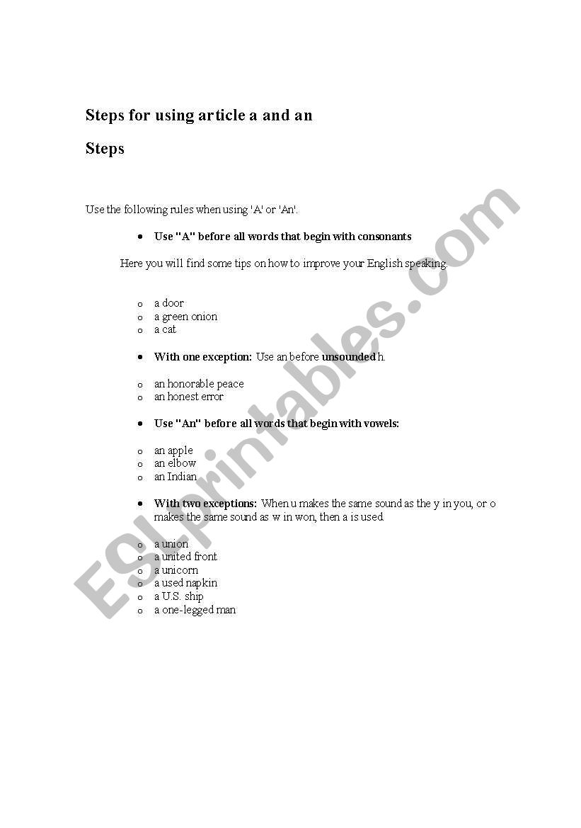 steps for using a and an worksheet