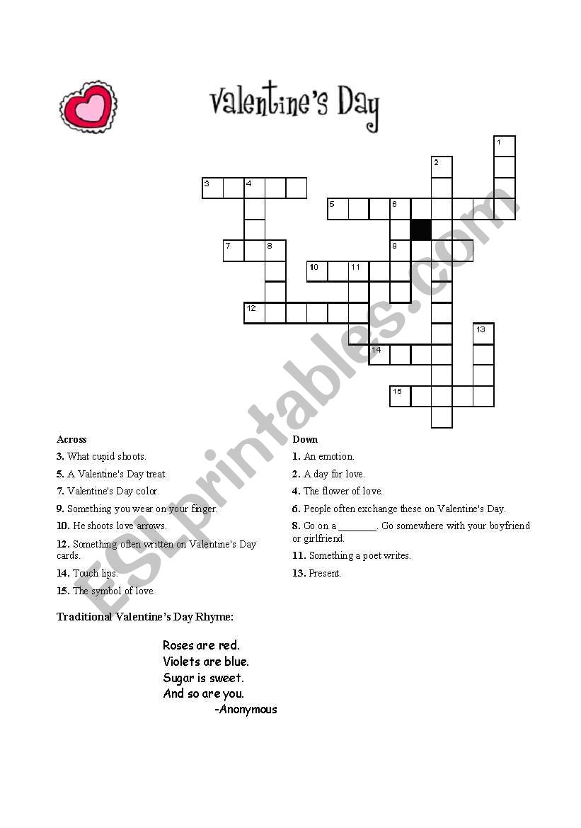 Valentines Day crossword worksheet