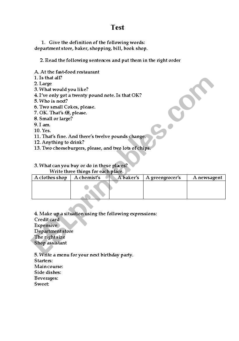 test on shopping and food worksheet