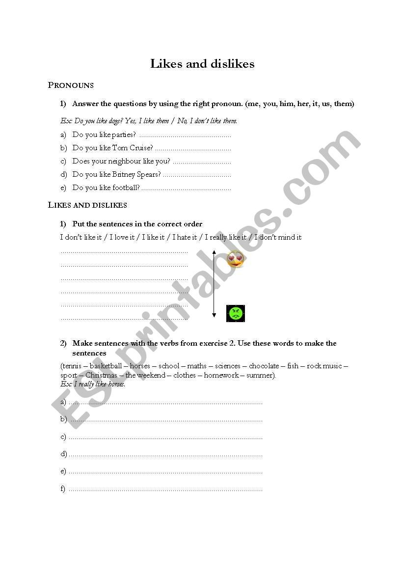 Pronouns - likes and dislikes worksheet