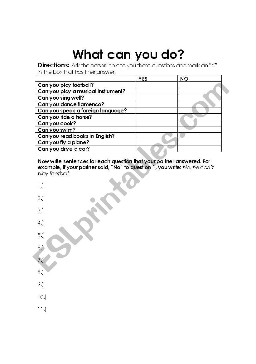 Can/Cant What can you do? worksheet