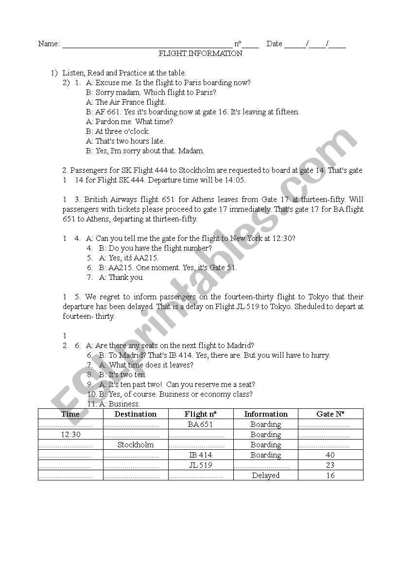 Flight Information worksheet