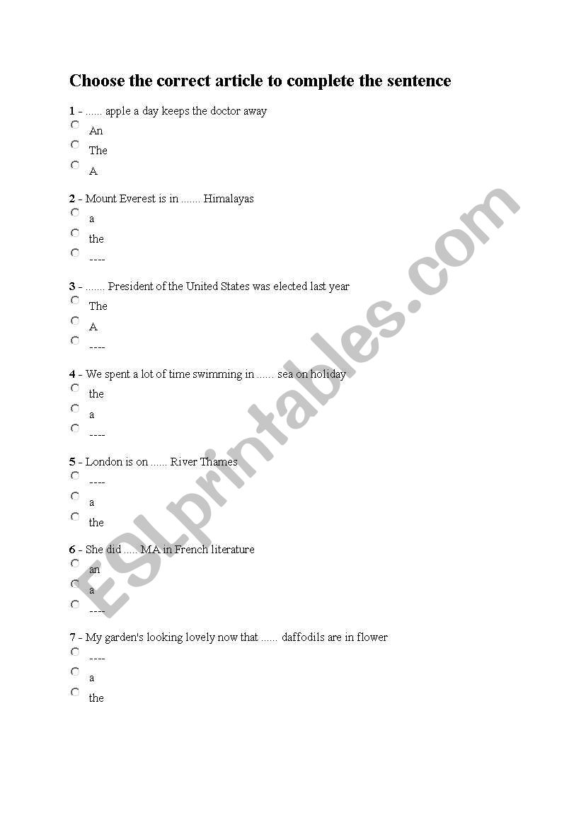 the correct article worksheet